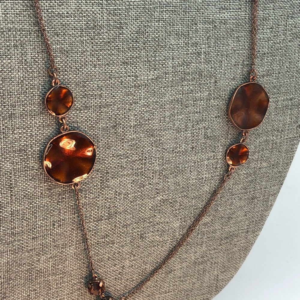Lovely 48” Asymmetrical bronze coloured chain and disc necklace